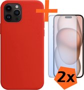 Hoesje Geschikt voor iPhone 15 Pro Hoesje Siliconen Cover Case Met 2x Screenprotector - Hoes Geschikt voor iPhone 15 Pro Hoes Back Case - Rood