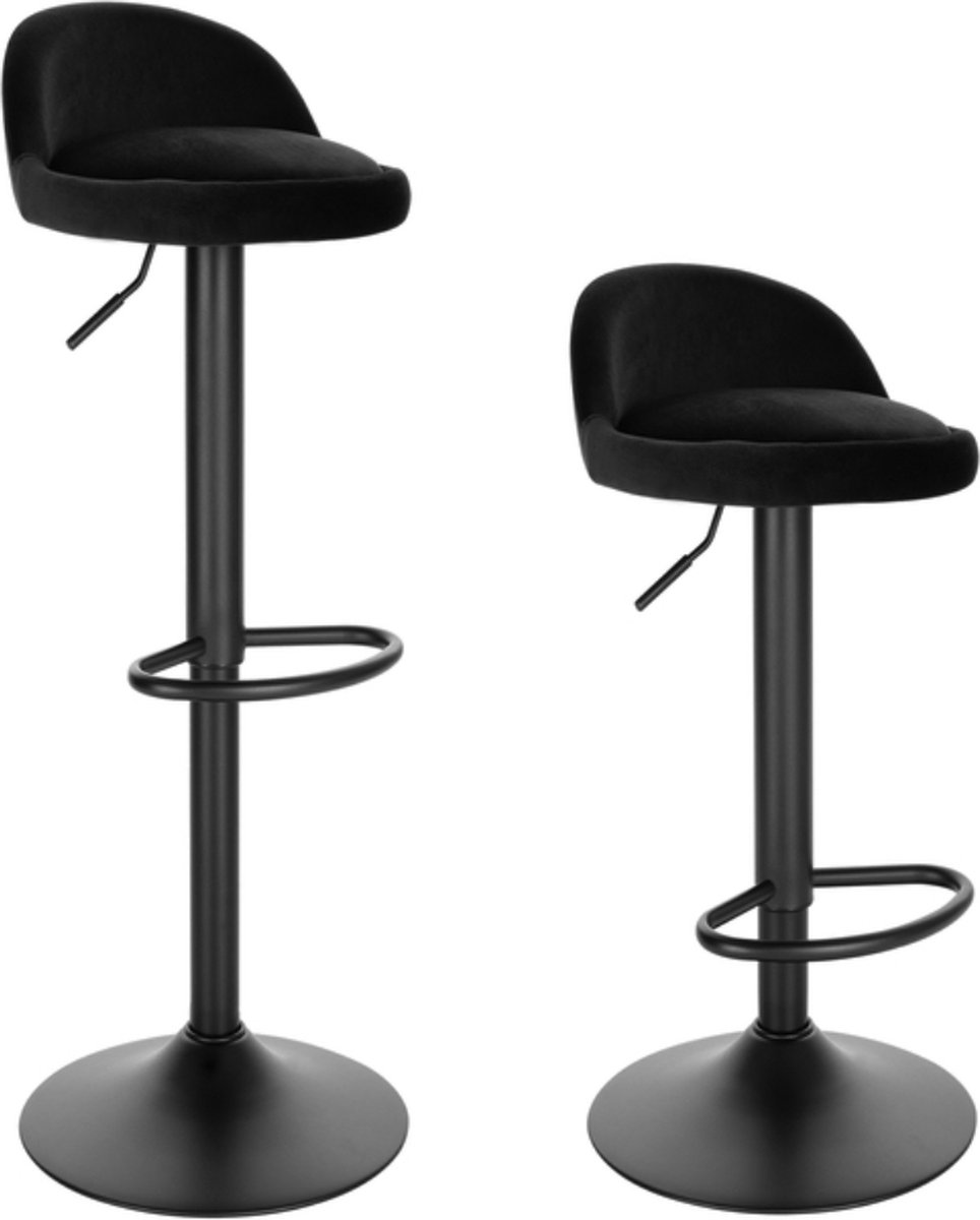 Happyment Barkrukken Hydro - Set van 2 - Met rugleuning - Velvet - Barstoelen ergonomisch - Keuken - Zwart - Verstelbaar in hoogte - Zithoogte 61-82cm
