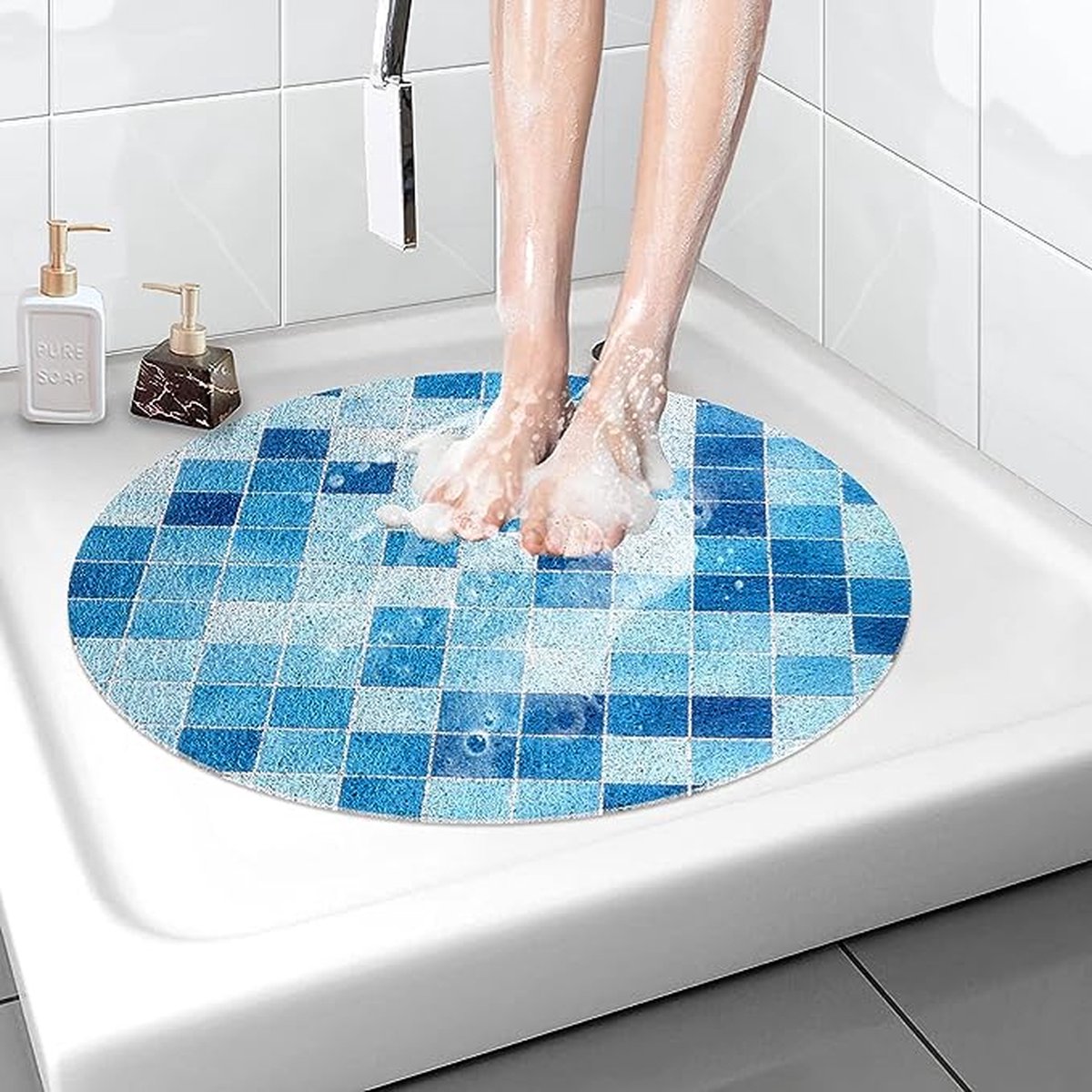 Veiligheidsdouchemat, antislip, 60 x 60 cm, zacht, comfortabele badmat met afvoergaten, pvc-luchtfa-massagedouchematten voor natte ruimtes, sneldrogend