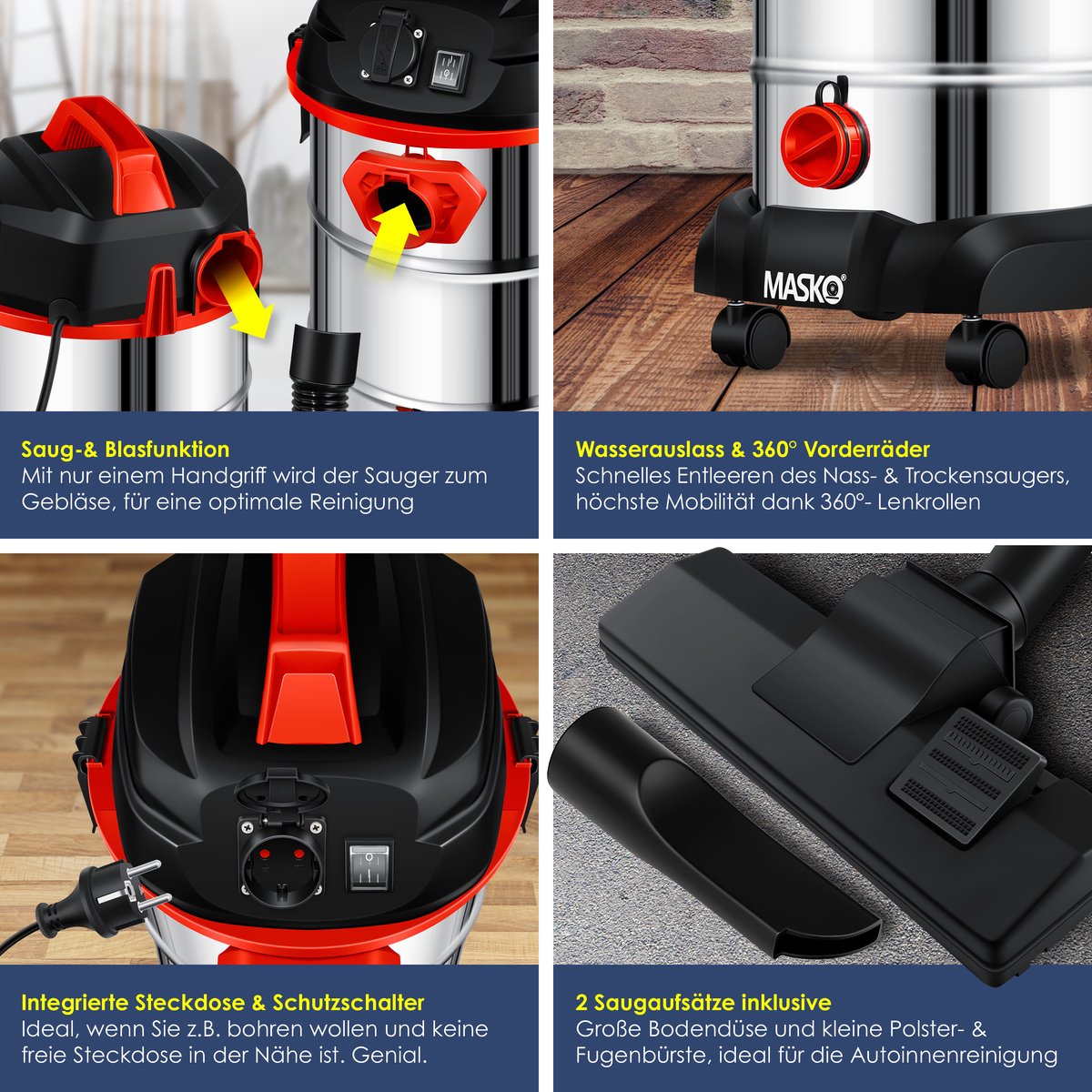 MASKO® Alleszuiger Nat- en Droogzuiger 1800W + stopcontact, Blaasfunctie, Droog- & natzuigen | Industriële stofzuiger vuilreservoir 30L Bouwstofzuiger - Rood – foto 2