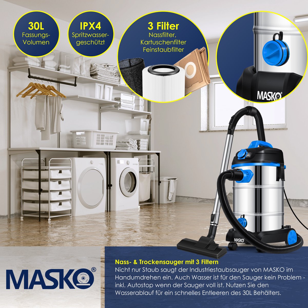 MASKO® Alleszuiger Nat- en Droogzuiger 1800W + stopcontact, Blaasfunctie, Droog- & natzuigen | Industriële stofzuiger vuilreservoir 30L Bouwstofzuiger - Blauw – foto 7