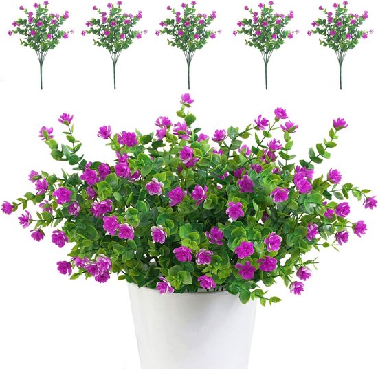 Pakket van 5 kunstbloemen nepbloemen decoratie binnen buiten planten struiken groen UV-bestendig voor bloemstuk, huis tuin bruid bruiloft feestdecoratie (paars rood)