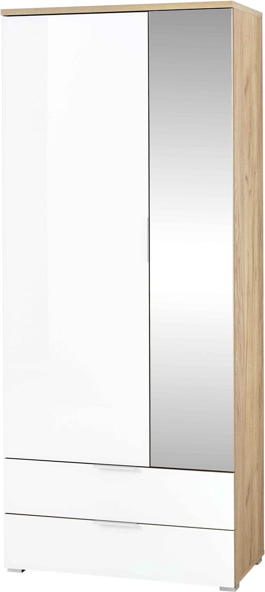 Garderobekast Lagos Eiken - Wit - Breedte 84 cm - Hoogte 196 cm - Diepte 40 cm - Met lades - Met hanggedeelte - Met planken - Met openslaande deuren