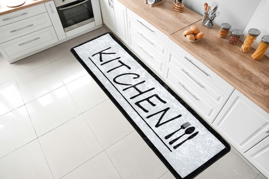 Flycarpets Kitchen Wasbaar Keukenloper / Keukenmat - Lichtgrijs / Zwart - Keuken Tapijt - 60x180 cm