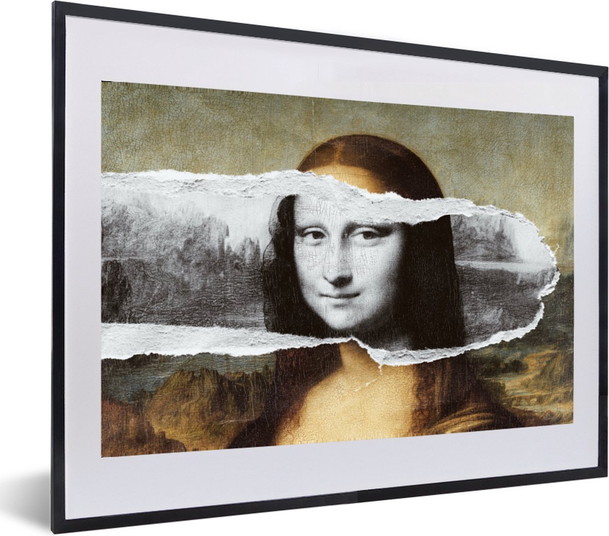 Fotolijst incl. Poster - Mona Lisa - Zwart - Wit - Da Vinci - 60x40 cm - Posterlijst