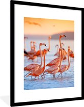 Poster - Fotolijst - Flamingo - Zonsondergang - Vogel - Tropisch - Kader - 60x80 cm - Poster frame - Poster flamingo - Poster dieren - Foto in lijst - Kamer decoratie