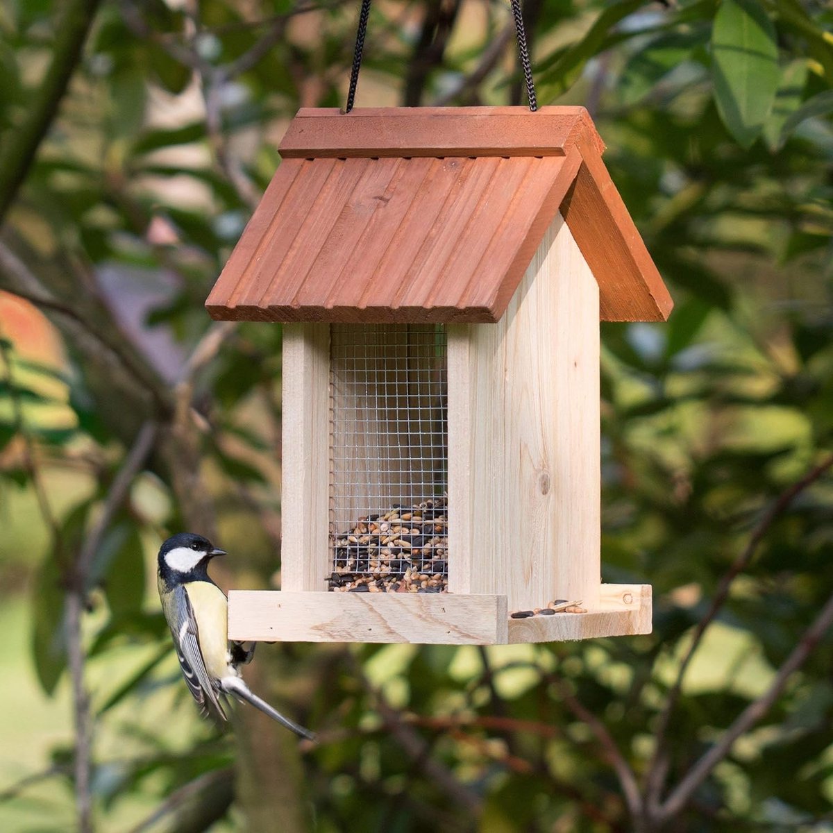 Mangeoire à oiseaux suspendue, bois, HxLxP : 25 x 17,5 x 16 cm