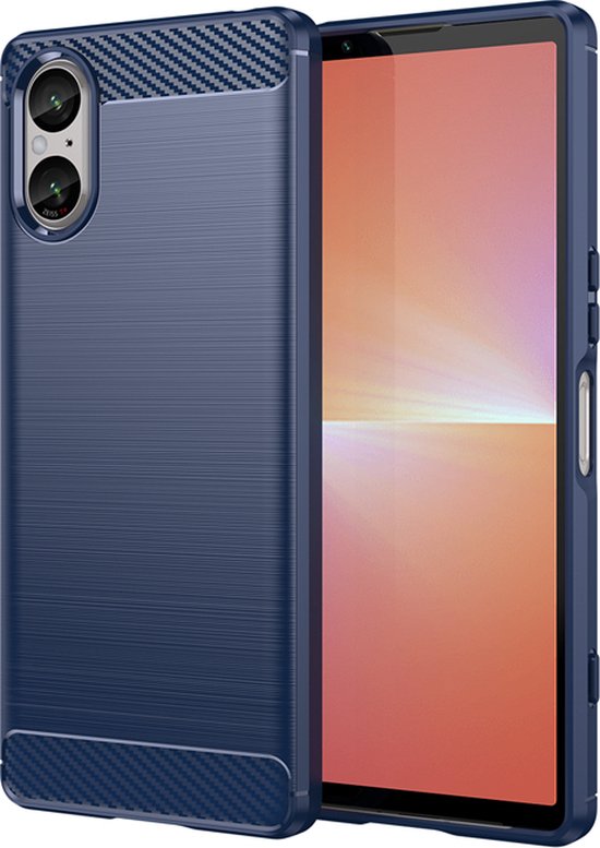 Sony Xperia 5 V Hoesje - MobyDefend TPU Gelcase - Geborsteld Metaal + Carbonlook - Blauw - GSM Hoesje - Telefoonhoesje Geschikt Voor Sony Xperia 5 V