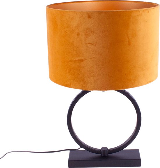 Tafellamp ring met velours kap | oker | Davon | 1 lichts | goud / zwart | metaal / stof | Ø 25 cm | 54 cm hoog | modern / sfeervol design | geel