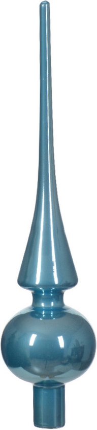 Een glanzende, ijsblauwe glazen kerstboom piek van 26 cm met een bolle onderkant en een spits toelopende punt.