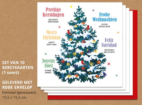 Kerstkaart Kleurrijke kerstboom met lichtjes en sneeuw - 10 stuks | bol