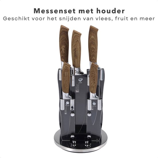 Lopoleis 5-delige Messenset met Houten Messenblok – Santokumes (31.5cm), Broodmes (22.3cm), Koksmes (33.8cm), Schilmesje (18.2cm) & Vleesmes (22.3cm) (zwart