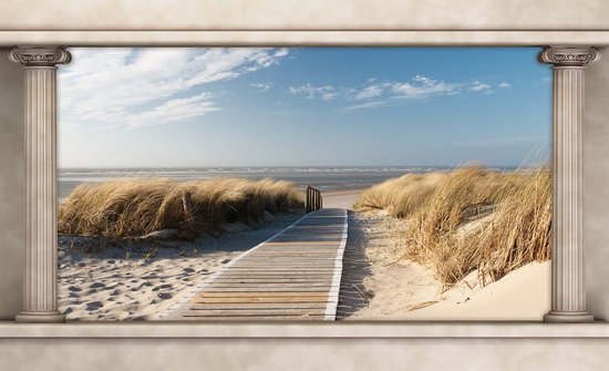 Fotobehang - Vlies Behang - 3D Uitzicht op het Strandpad langs de Duinen naar het Strand en Zee door het Raam met Pilaren - 208 x 146 cm