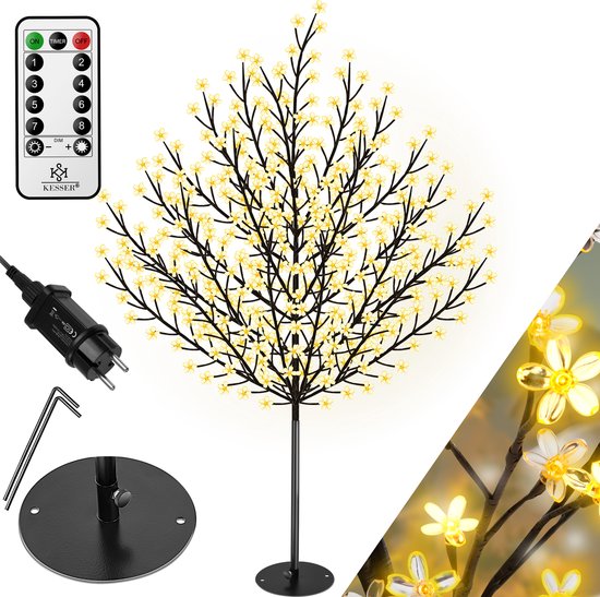 Arbre à fleurs de cerisier KESSER® avec télécommande | Arbre lumineux intérieur extérieur stable en métal | Sapin Illuminé de Éclairage de Noël Wit Chaud - 180 cm