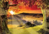 Fotobehang - Vlies Behang - Uitzicht op Toscane bij Zonsondergang - 3D - 312 x 219 cm