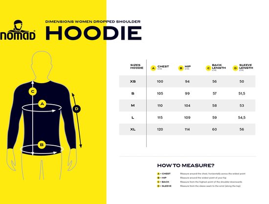 Maattabel voor NOMAD dames hoodies met afhangende schouders.