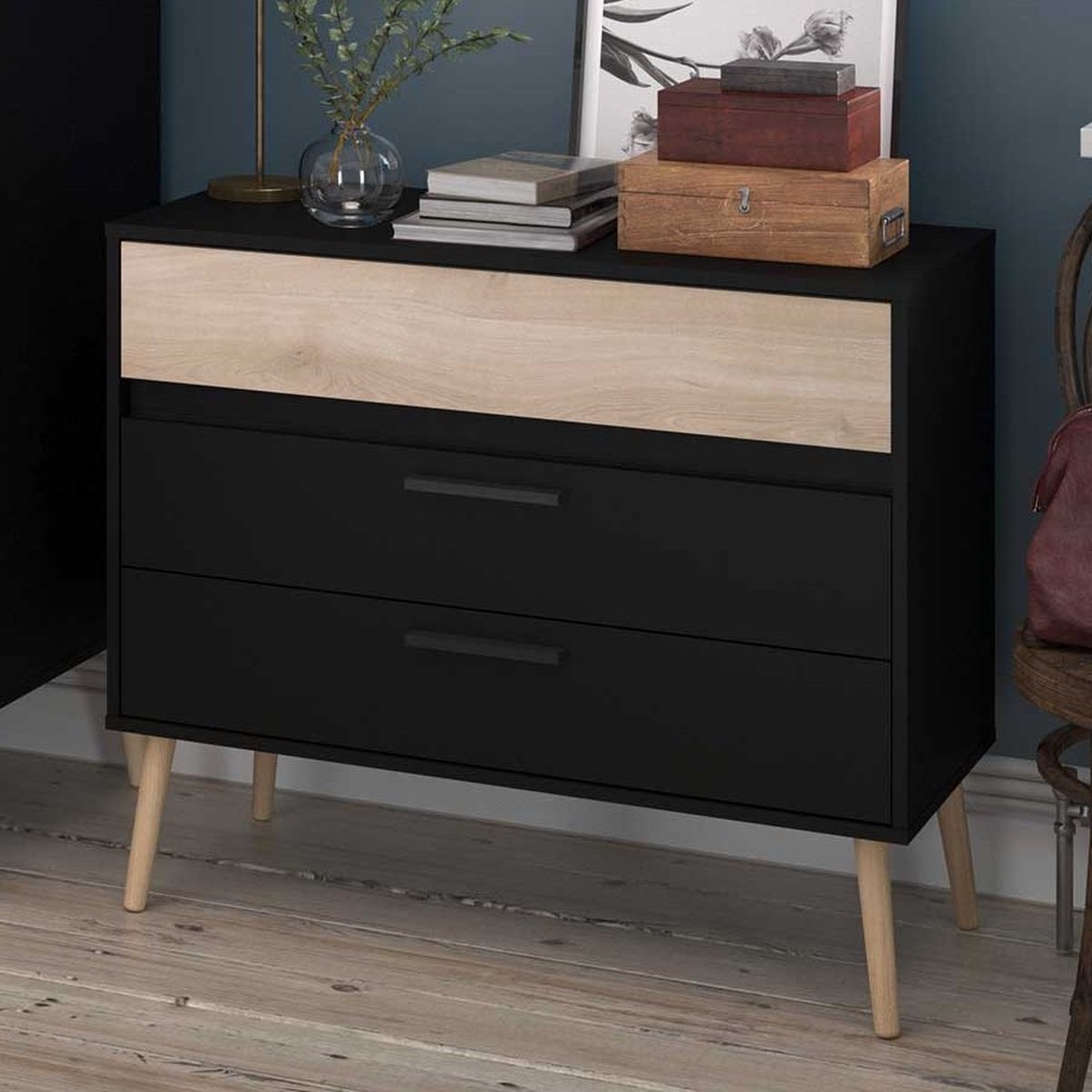 Ladekast Hardy 91cm met 3 lades - zwart/eik