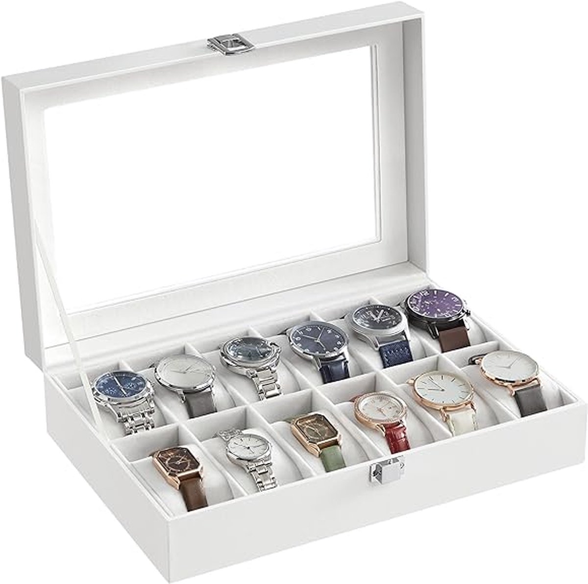 Horlogebox met 12 vakken - horlogekast met glazen deksel - Horlogedoos - Opbergbox Horloges voor Heren - Wit