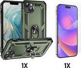 Casemania Hoesje Geschikt voor Apple iPhone 15 Plus Groen & Glazen Screenprotector - Anti-Shock Hybrid Armor met Kickstand Ring