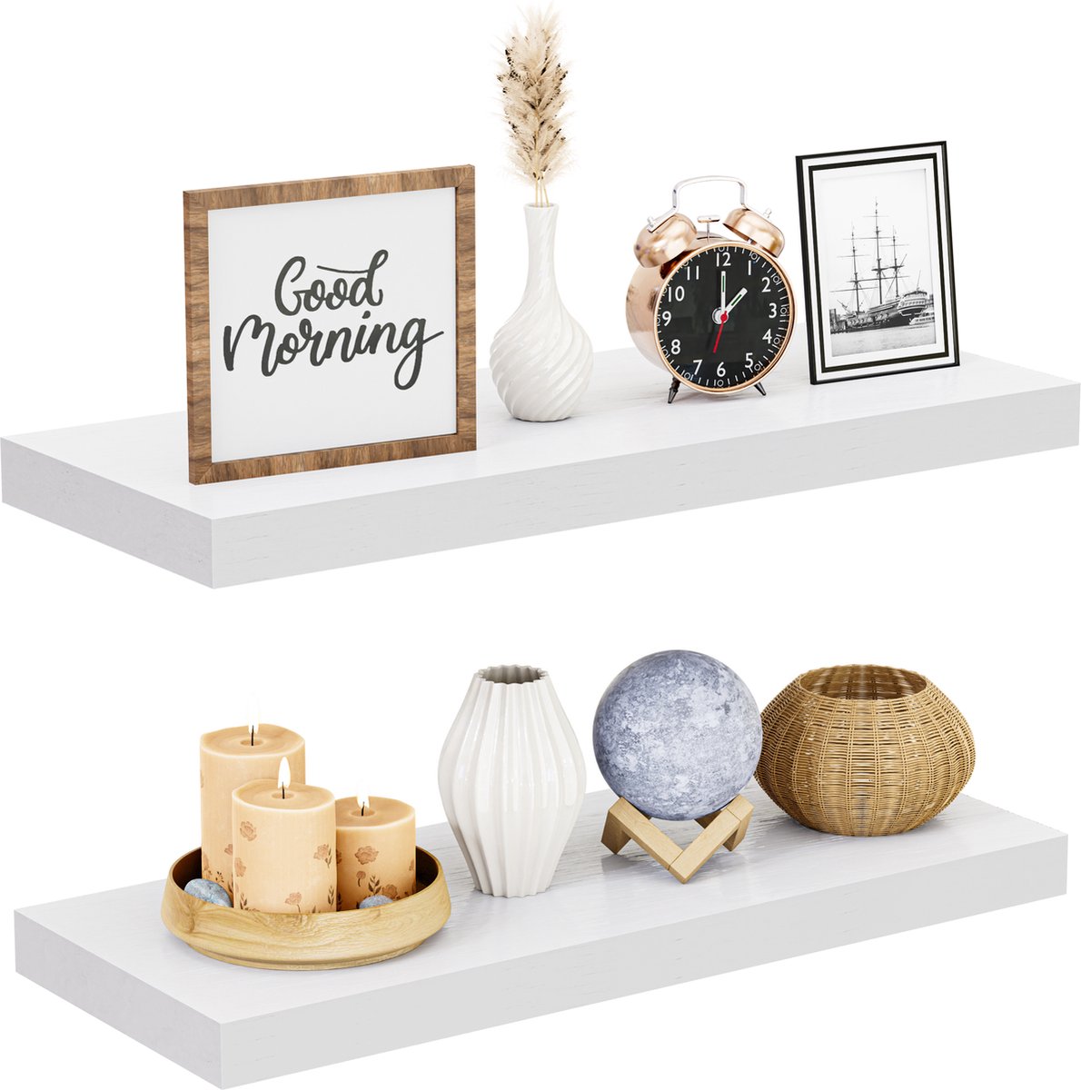 Nolad® Wandplank 2-Delig - Wandrek - Boekenplank - Industrieel - Zwevend - 60 x 23.6 x 3.5cm - Inc bevestigingmaterialen - Wit