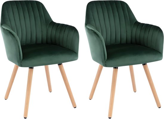 Set van 2 stoelen met armleuning - Fluweel en metaal met houteffect - Donkergroen - ELANA L 56 cm x H 85 cm x D 58 cm