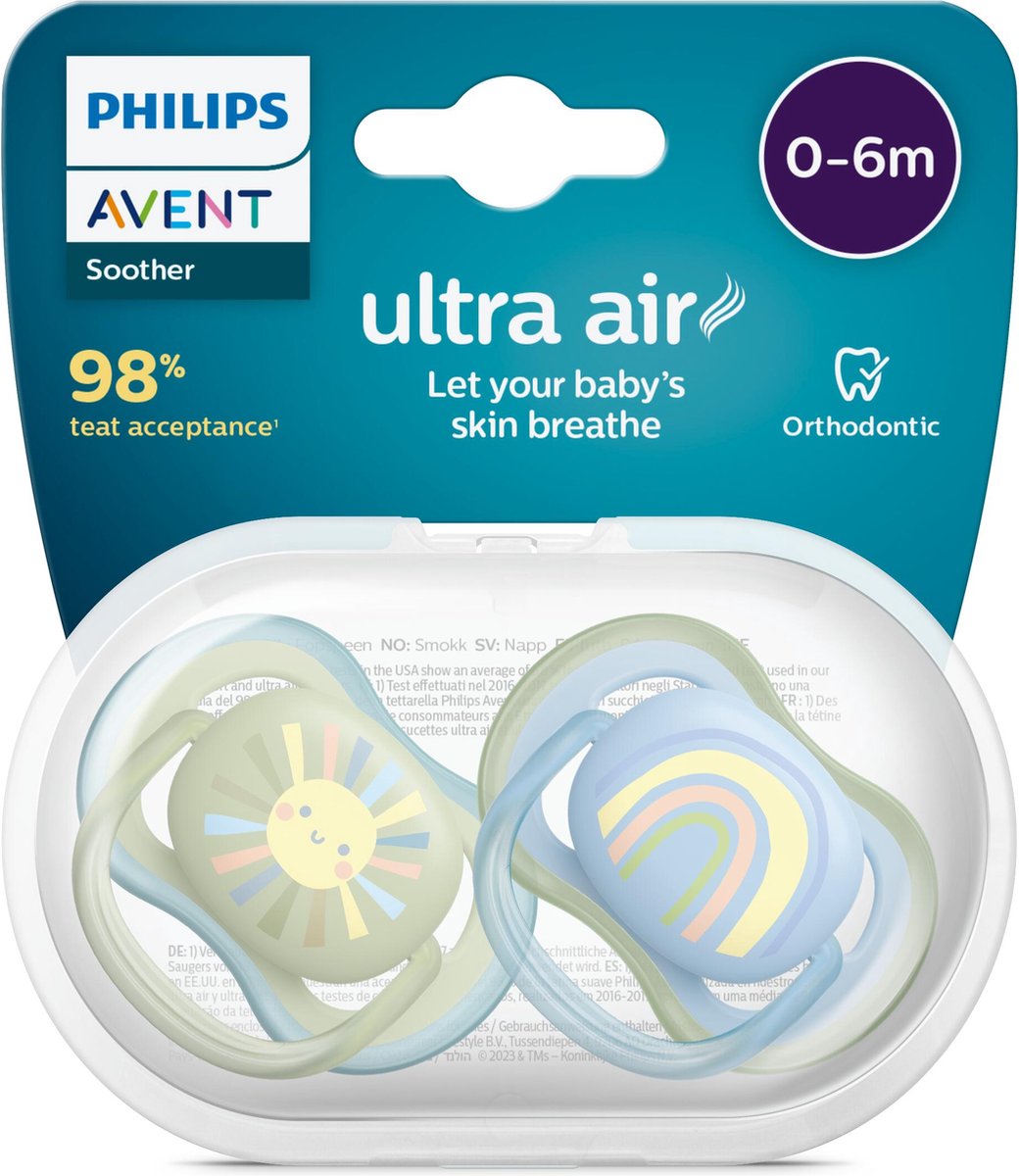 Goedkoopste Philips Avent Ultra Air Fopspeen - 0 tot 6 Maanden - 2 Speentjes - Groen/Blauw Zon/Regenboog - SCF085/58