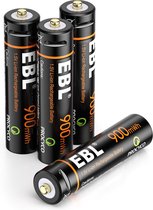 EBL Lot de 4 piles rechargeables AAA – Batterie AAA rechargeable 900 mWH avec 2 câbles de charge 2 en 1 – Piles au lithium Micro USB – Durable