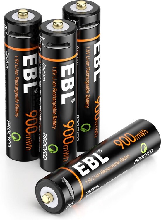 EBL Lot de 4 piles rechargeables AAA – Batterie AAA rechargeable 900 mWH  avec 2 câbles