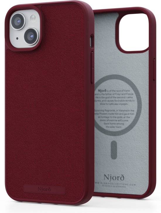 Coque de téléphone rouge en suède Njord avec découpe caméra et intérieur textuel.