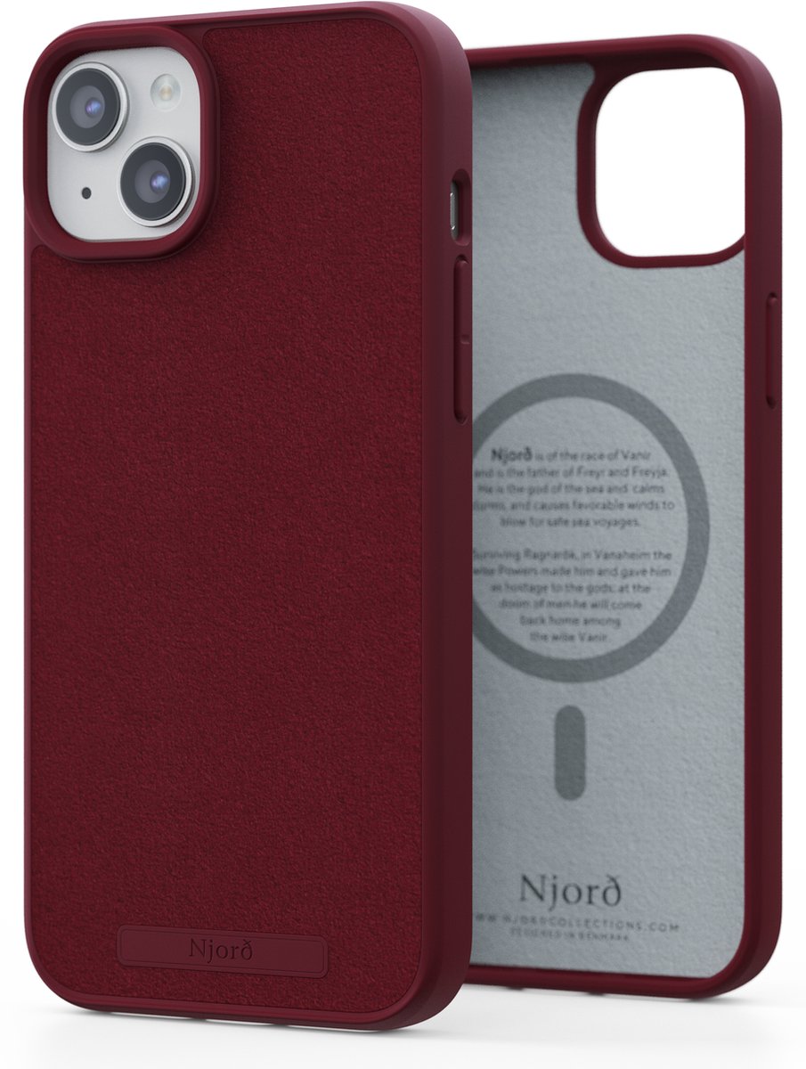 Njord Collections Suede Comfort+ Telefoonhoesje - Geschikt voor iPhone 15 Plus - Gereycled / Duurzaam materiaal - 2M valbescherming - Mag compatibel – Rood