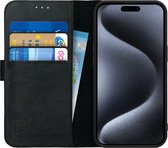 Rosso Deluxe Echt Leer Book Case Hoesje Geschikt voor Apple iPhone 15 Pro | Ruimte voor drie pasjes | Portemonnee Book Case | Met Pasjeshouder | Zwart