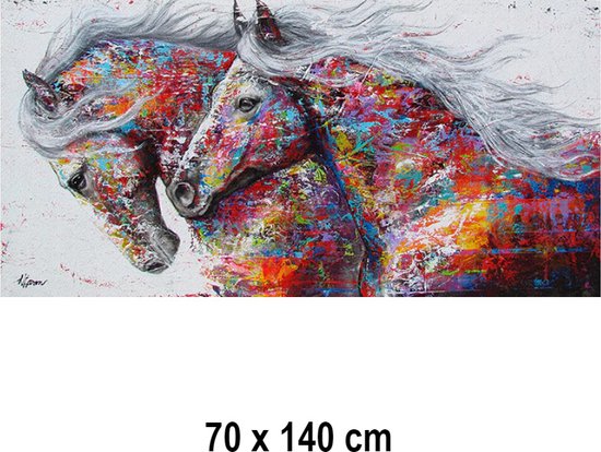Allernieuwste.nl® Canvas Schilderij * 2 Grafitti Paarden * - Kunst aan je Muur - Grafitti - Groot - Kleur - 70 x 140 cm