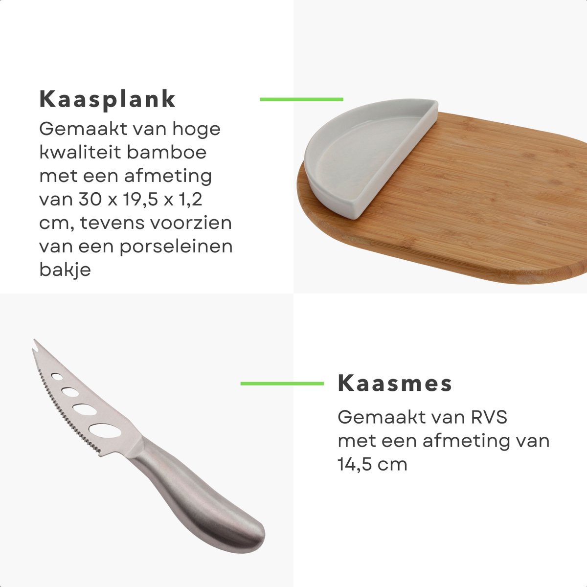 Kaasplank Set - Kaasplankje - Serveerplank - Ovaal Bamboe - 30x19,5cm - Bakje & Mes - Porselein & Roestvrijstaal — cadeau in Kookcadeaus - foto 2