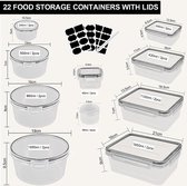 Vershouddozen met deksel, 44 stuks (22 containers + 22 deksels), meal prep boxen, klein tot groot, luchtdichte voorraaddozen set voor vaatwasser, magnetron en vriezer, BPA-vrij