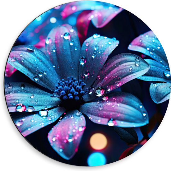 Dibond Muurcirkel - Bloemen - Druppels - Blauw - Roze - 50x50 cm Foto op Aluminium Muurcirkel (met ophangsysteem)