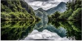 Poster Glanzend – Bergen - Water - Bomen - Groen - Grijs - 100x50 cm Foto op Posterpapier met Glanzende Afwerking