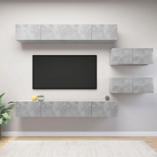The Living Store televisiemeubelset Hangend - spaanplaat - betongrijs - 4x100x30x30 cm + 2x80x30x30 cm - eenvoudig te reinigen
