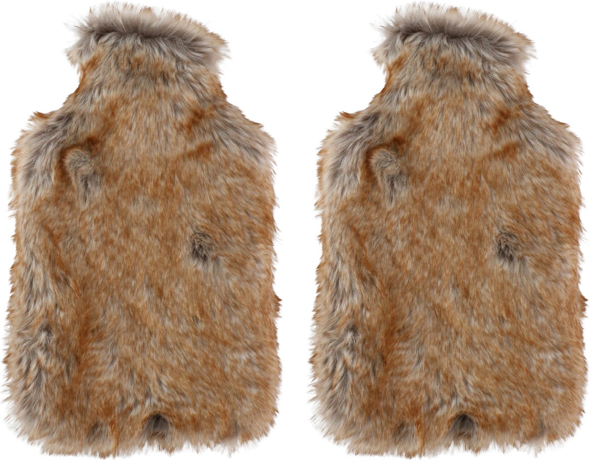 Goedkoopste 2x Kruiken met dierenvacht hoes beige bruin - 2 liter - Nepbonten warmwater kruiken - Dierenvacht