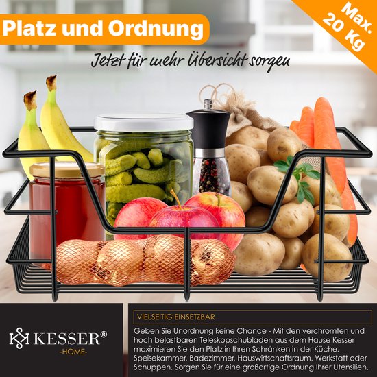 Jago® Telescopische keukenlade - 1 stuk, voor kast van 40 cm, max. 20 kg belastbaar, inclusief rails - uittrekbare opbergmand Jago® Telescopische keukenlade - 1 stuk, voor kast van 40 cm, max. 20 kg belastbaar, inclusief rails - uittrekbare opbergmand