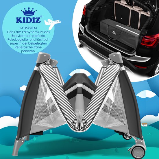 KIDIZ® Campingbedje Reisbedje Reiswieg Babybedje 3 in 1 Combi Set Ledikant met Verschoningsmatje Klamboe Kinderbox Baby vanaf de geboorte tot 15 kg Luchtige zijwanden met zijingang Opvouwbare Draagtas - Grijs van KIDIZ® — afbeelding 5