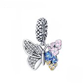 Fler® | Bedel | Past op populaire bedel armbanden (standaard-3mm) | armbandbedel | Lente Vlinder Bedel | Bedels Charms | 925 sterling zilver | Zirkonia | Roze, Blauwe, Gele emaille | Vriendschap, Verjaardagsgeschenk, Cadeau | Valentijn kado