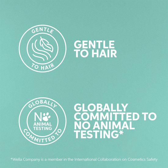 Wella logo's voor 'GENTLE TO HAIR' en 'GLOBALLY COMMITTED TO NO ANIMAL TESTING'.
