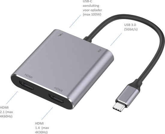 Compact USB-C Hub naar 2 x HDMI + USB3.0 + USB-C (voor opladen)