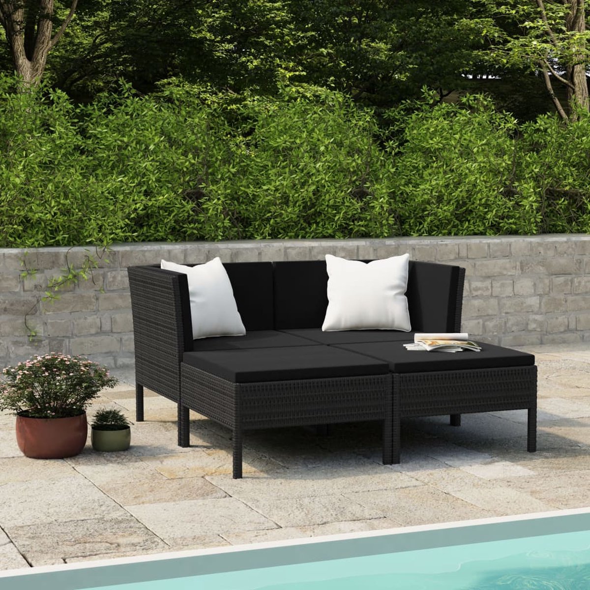 The Living Store 4-delige Loungeset met kussens poly rattan zwart - Loungeset - Tuinset - Tuinmeubels - Loungebank - Outdoor Meubilair