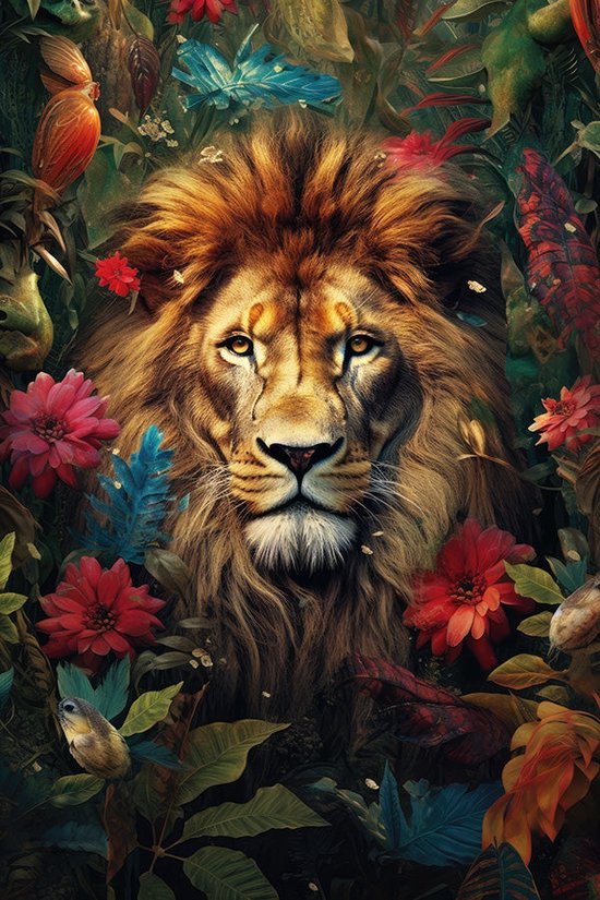 Leeuw tussen bloemen #9 poster - 50 x 70 cm