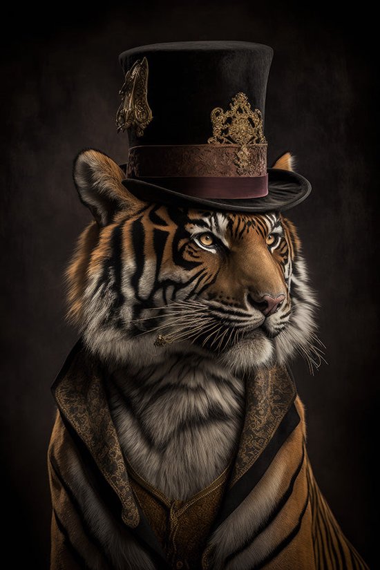 Klassieke tijger met hoed - alu-dibond schilderij - 70 x 100 cm