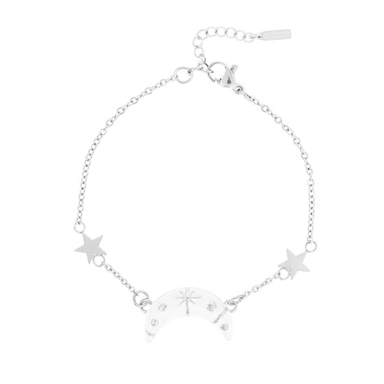 OOZOO Jewellery - Zilverkleurig/witte armband met een maan bedeltje - SB-1030