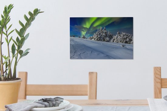 Aurores boréales au-dessus d'un paysage d'hiver avec des arbres toile 2cm 30x20 cm - petit - Tirage photo sur toile (Décoration murale salon / chambre) / phénomènes naturels Peintures sur toile