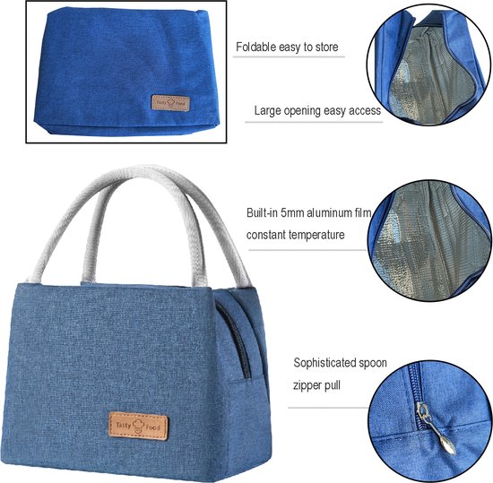 Blauwe lunchtas met touwen handvatten, opgevouwen tas en detail van de ritssluiting en aluminium voering.