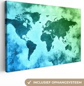 Canvas Wereldkaart - 60x40 - Wanddecoratie Wereldkaart - Blauw - Groen